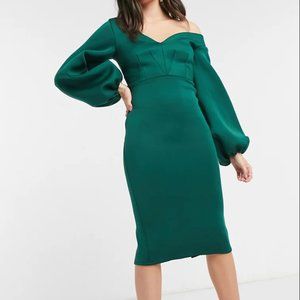 ASOS DESIGN fallen shoulder midi dress with balloon sleeves in forest green